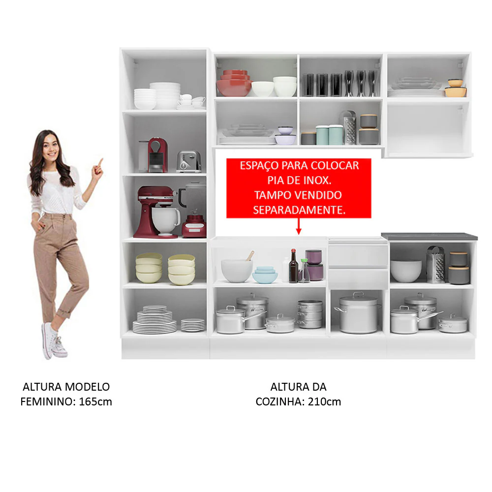 Armário de Cozinha Completa 100% MDF 240cm Frentes Branco Brilho Acordes Madesa 01 - Image 5