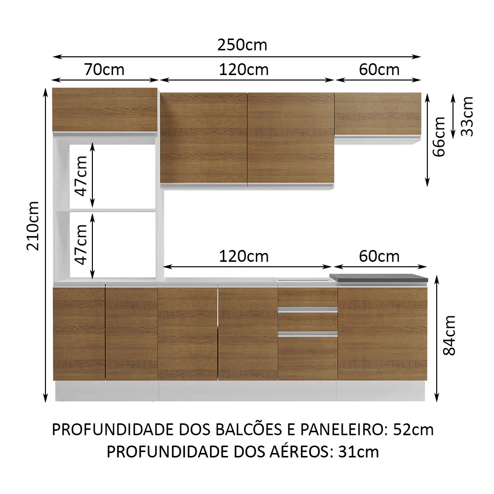 Armário de Cozinha Completa 100% MDF 250cm Branco/Rustic Acordes Madesa 03 - Image 3