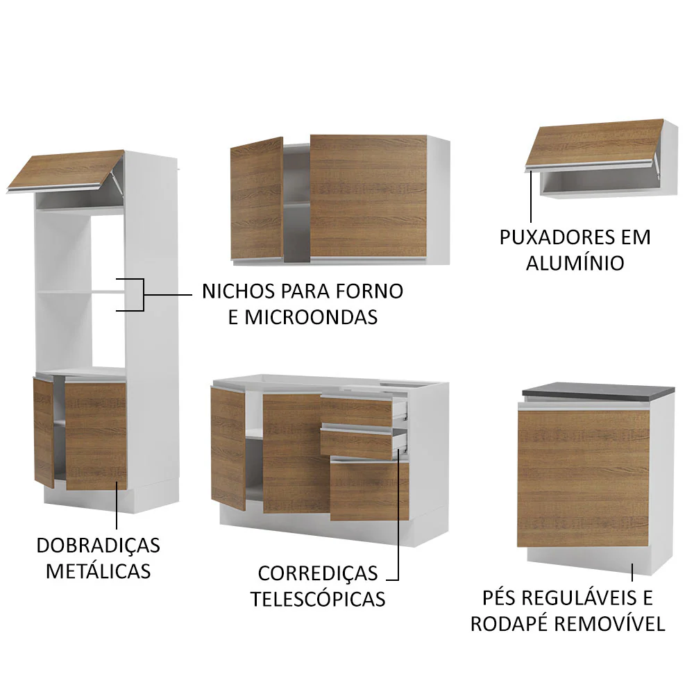 Armário de Cozinha Completa 100% MDF 250cm Branco/Rustic Acordes Madesa 03 - Image 4