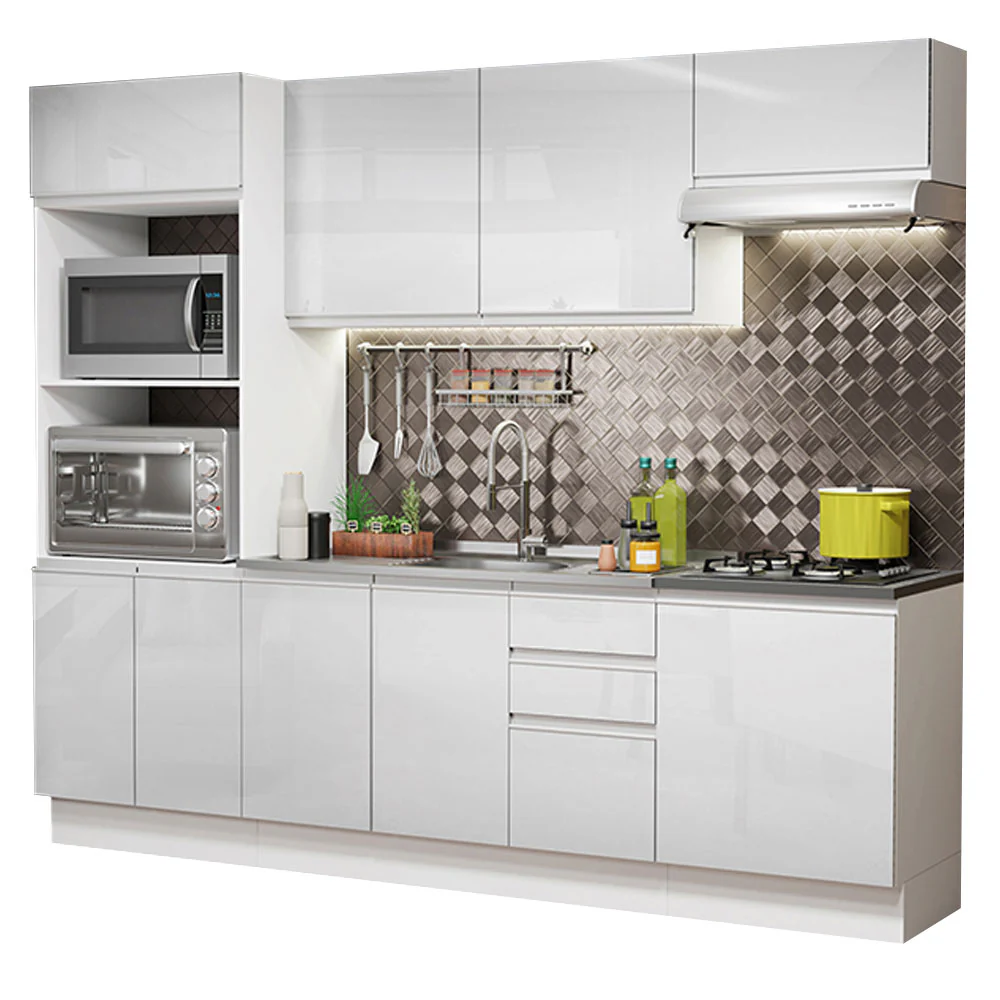 Armário de Cozinha Completa 100% MDF 250cm Frentes Branco Brilho Acordes Madesa 03 - Image 2