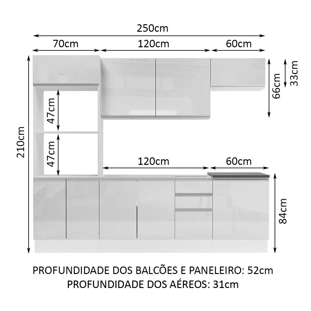 Armário de Cozinha Completa 100% MDF 250cm Frentes Branco Brilho Acordes Madesa 03 - Image 3