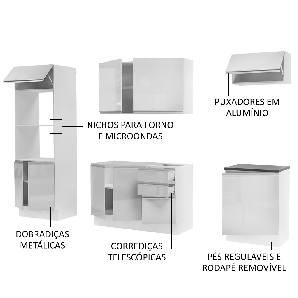 Armário de Cozinha Completa 100% MDF 250cm Frentes Branco Brilho Acordes Madesa 03 - Image 4