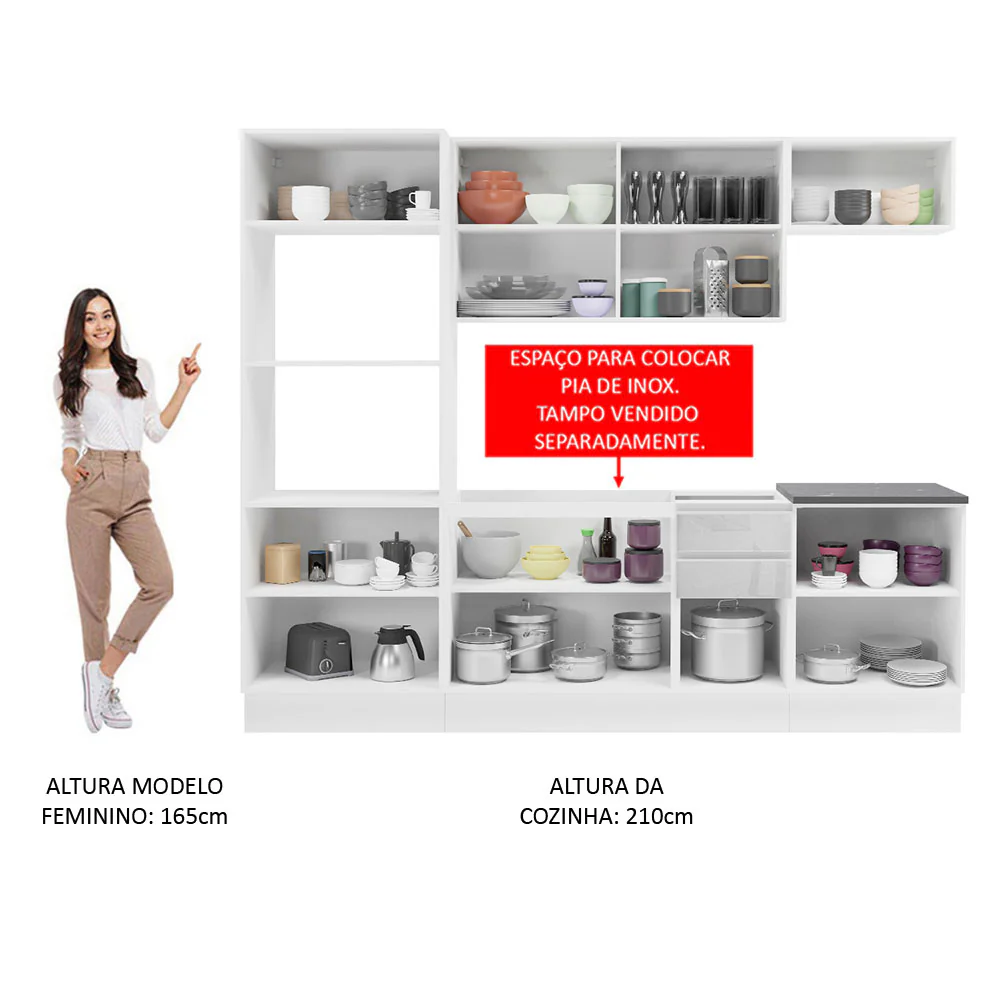 Armário de Cozinha Completa 100% MDF 250cm Frentes Branco Brilho Acordes Madesa 03 - Image 5