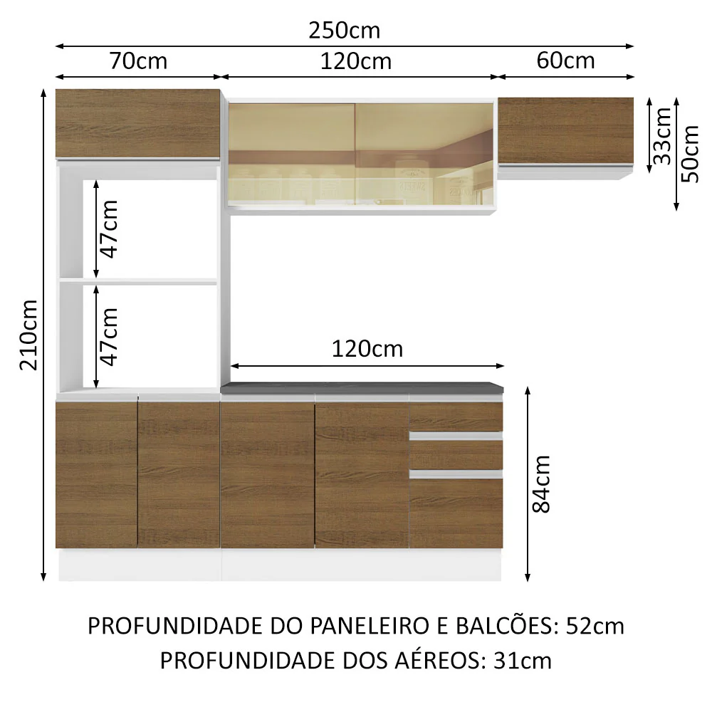 Armário de Cozinha Completa 100% MDF 250cm Branco/Rustic Acordes Madesa 04 - Image 3