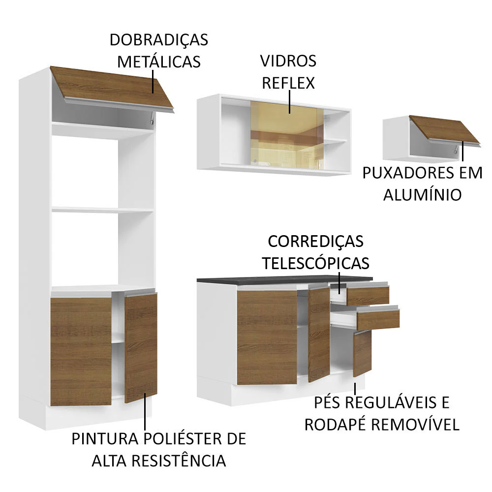 Armário de Cozinha Completa 100% MDF 250cm Branco/Rustic Acordes Madesa 04 - Image 4