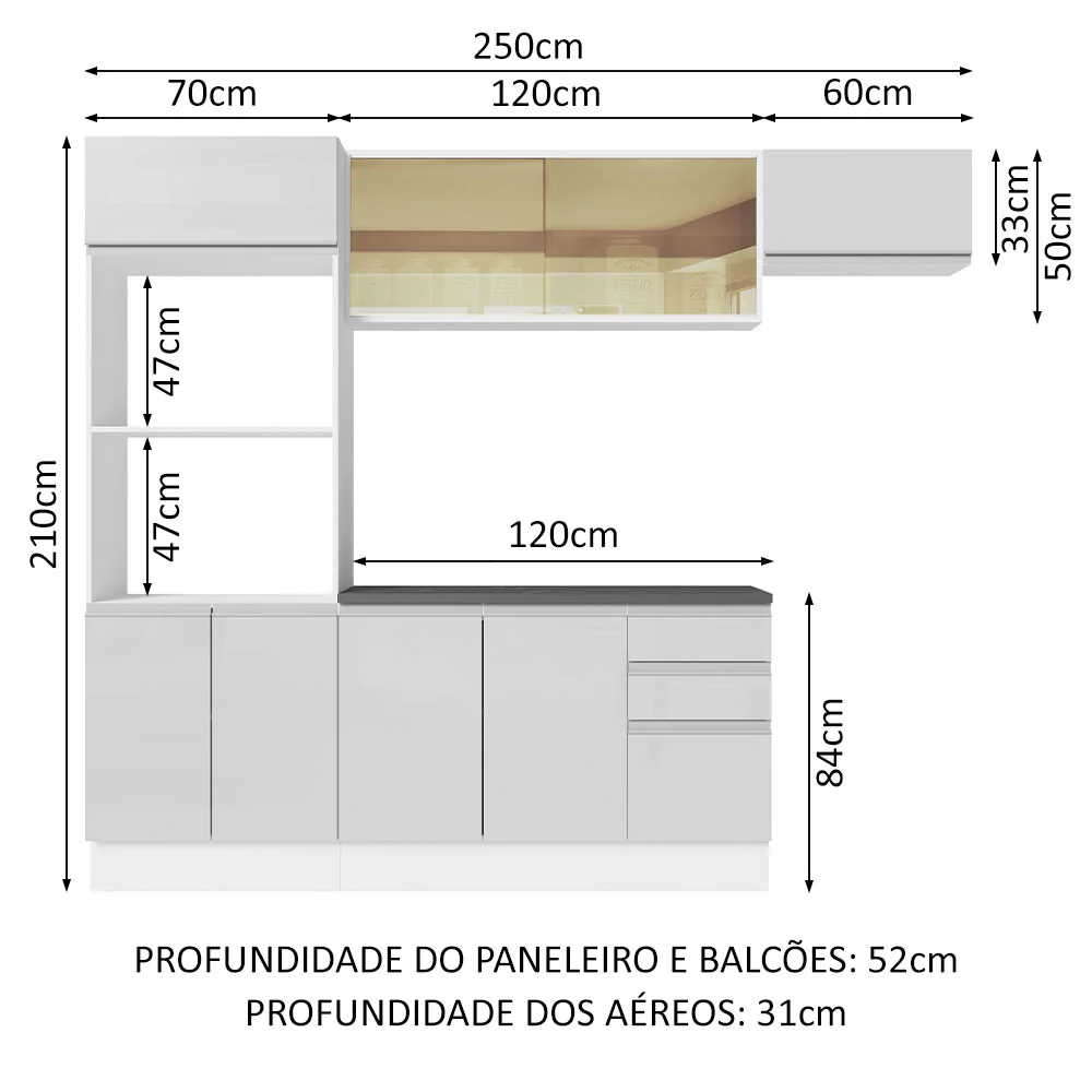 Armário de Cozinha Completa 100% MDF 250cm Frentes Branco Brilho Acordes Madesa 04 - Image 3