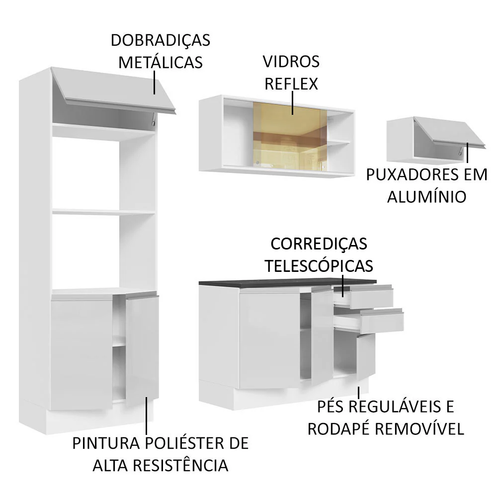 Armário de Cozinha Completa 100% MDF 250cm Frentes Branco Brilho Acordes Madesa 04 - Image 4