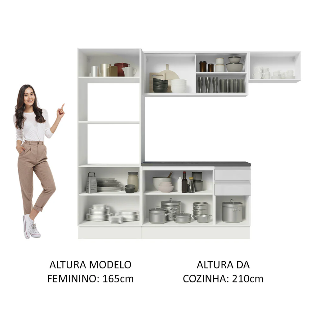 Armário de Cozinha Completa 100% MDF 250cm Frentes Branco Brilho Acordes Madesa 04 - Image 5
