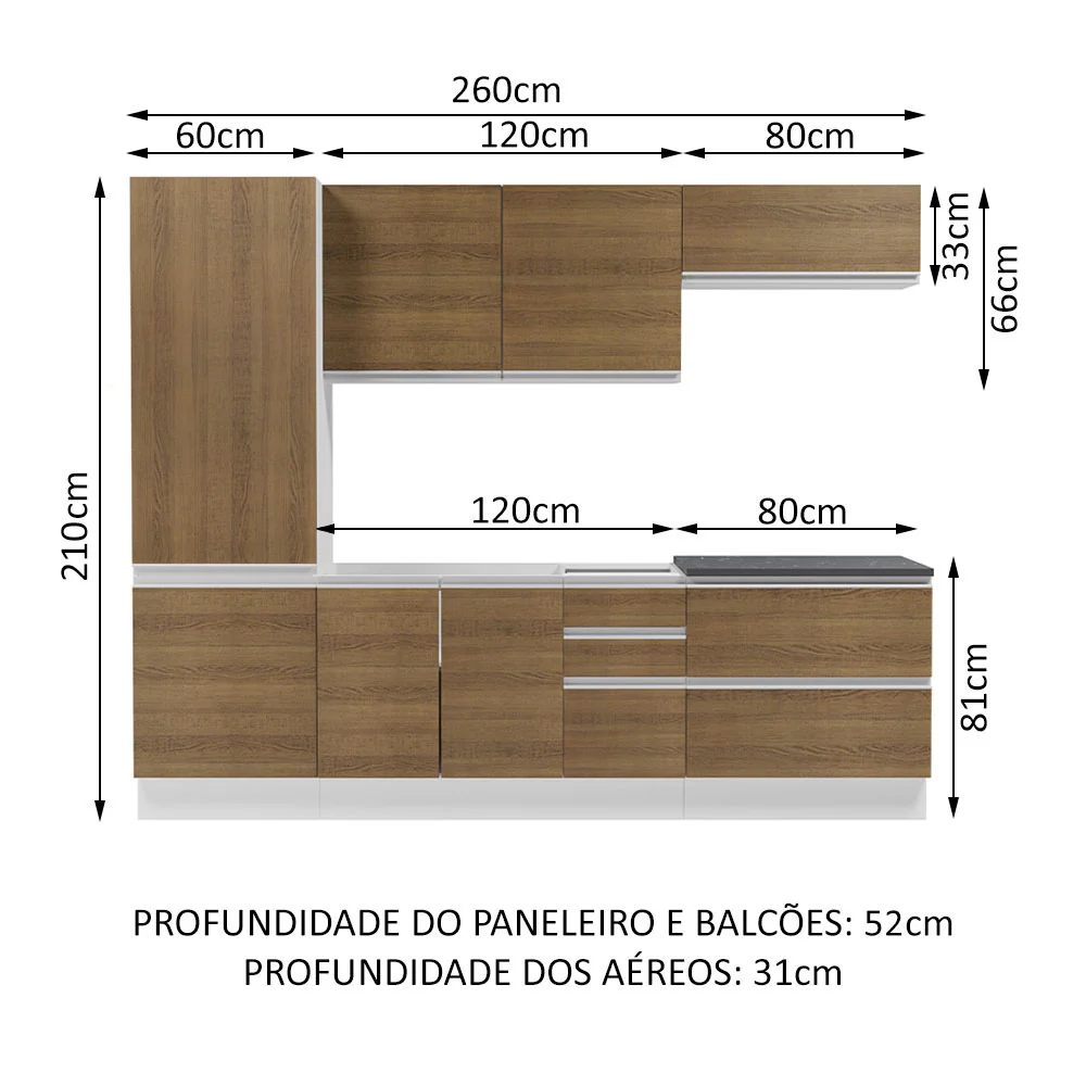 Armário de Cozinha Completa 100% MDF 260cm Branco/Rustic Acordes Madesa 01 - Image 3