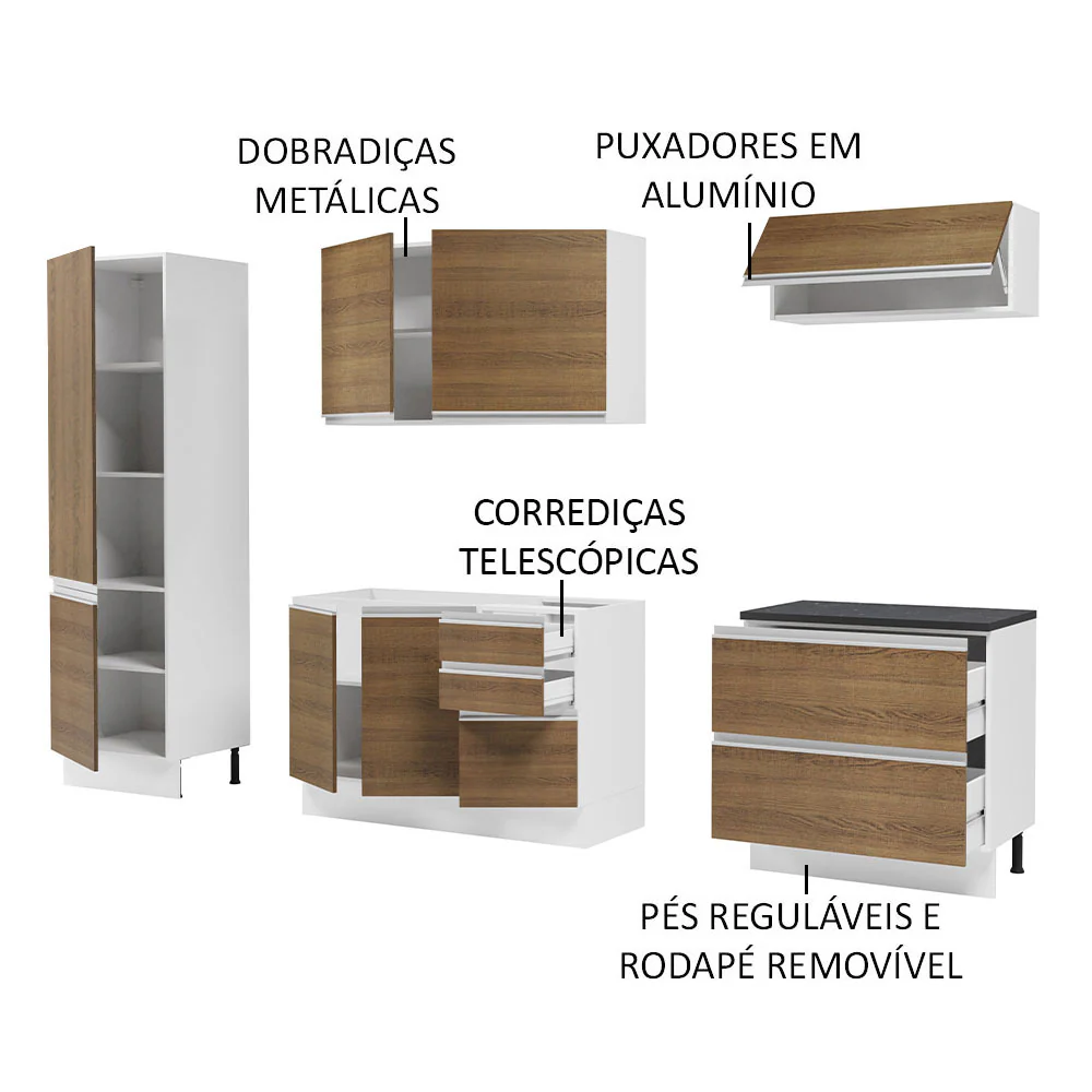 Armário de Cozinha Completa 100% MDF 260cm Branco/Rustic Acordes Madesa 01 - Image 4