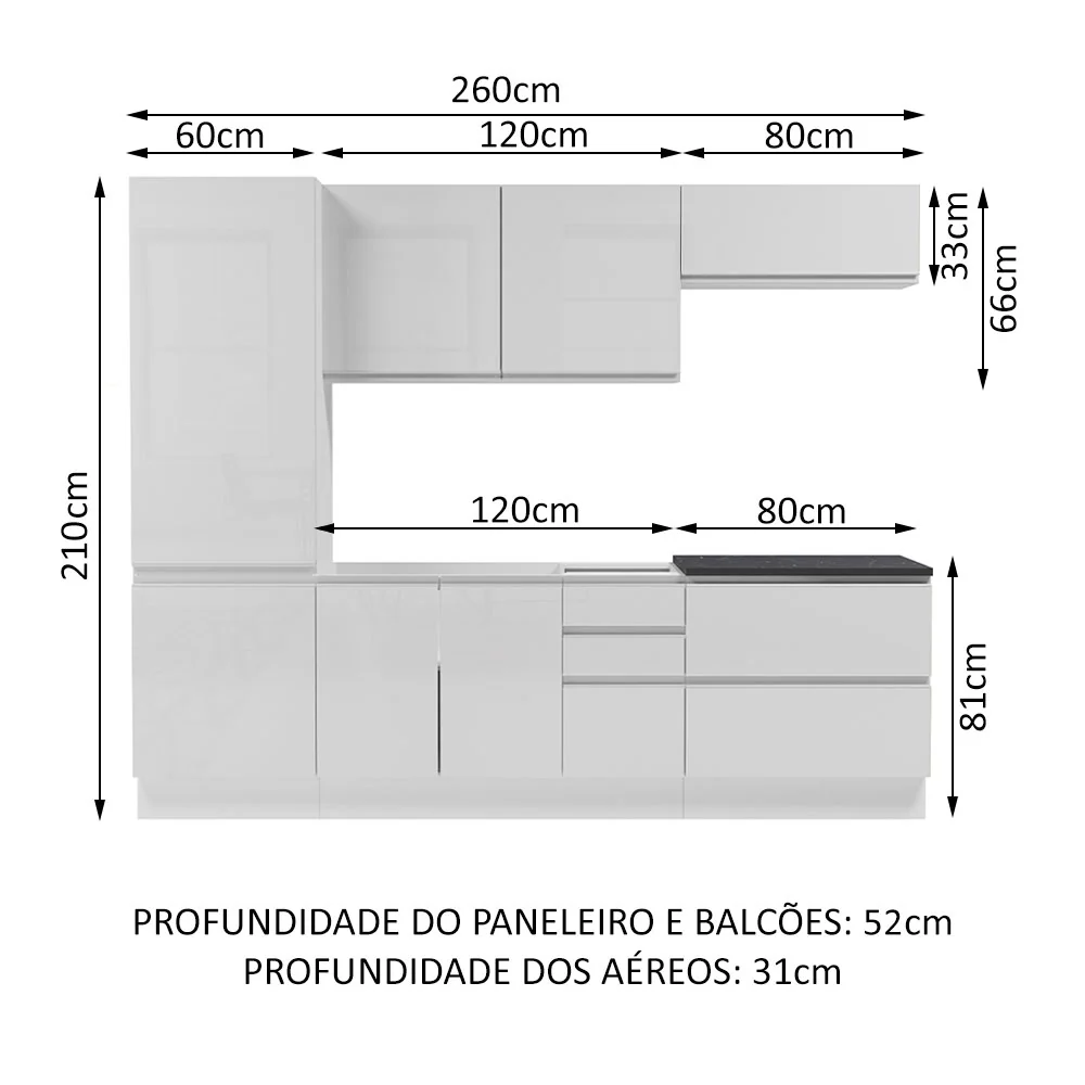 Armário de Cozinha Completa 100% MDF 260cm Frentes Branco Brilho Acordes Madesa 01 - Image 3
