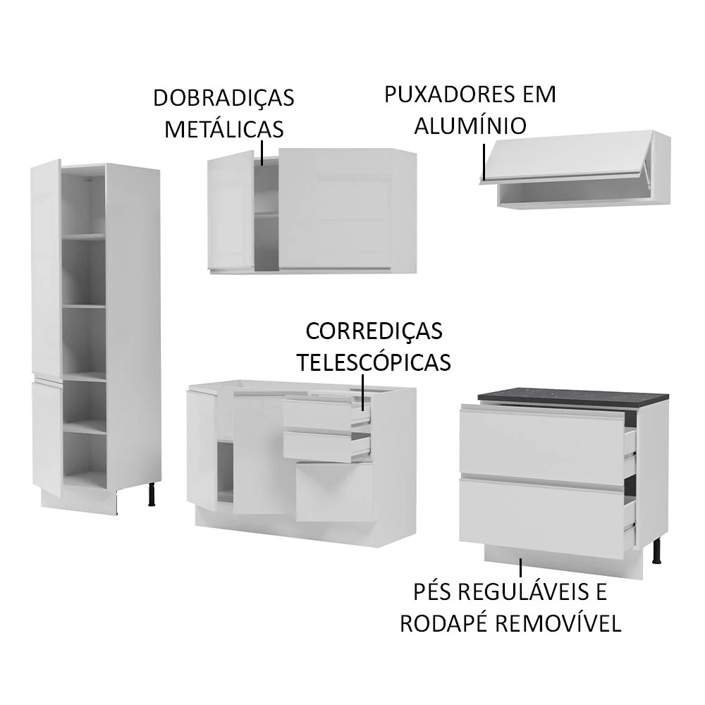 Armário de Cozinha Completa 100% MDF 260cm Frentes Branco Brilho Acordes Madesa 01 - Image 4