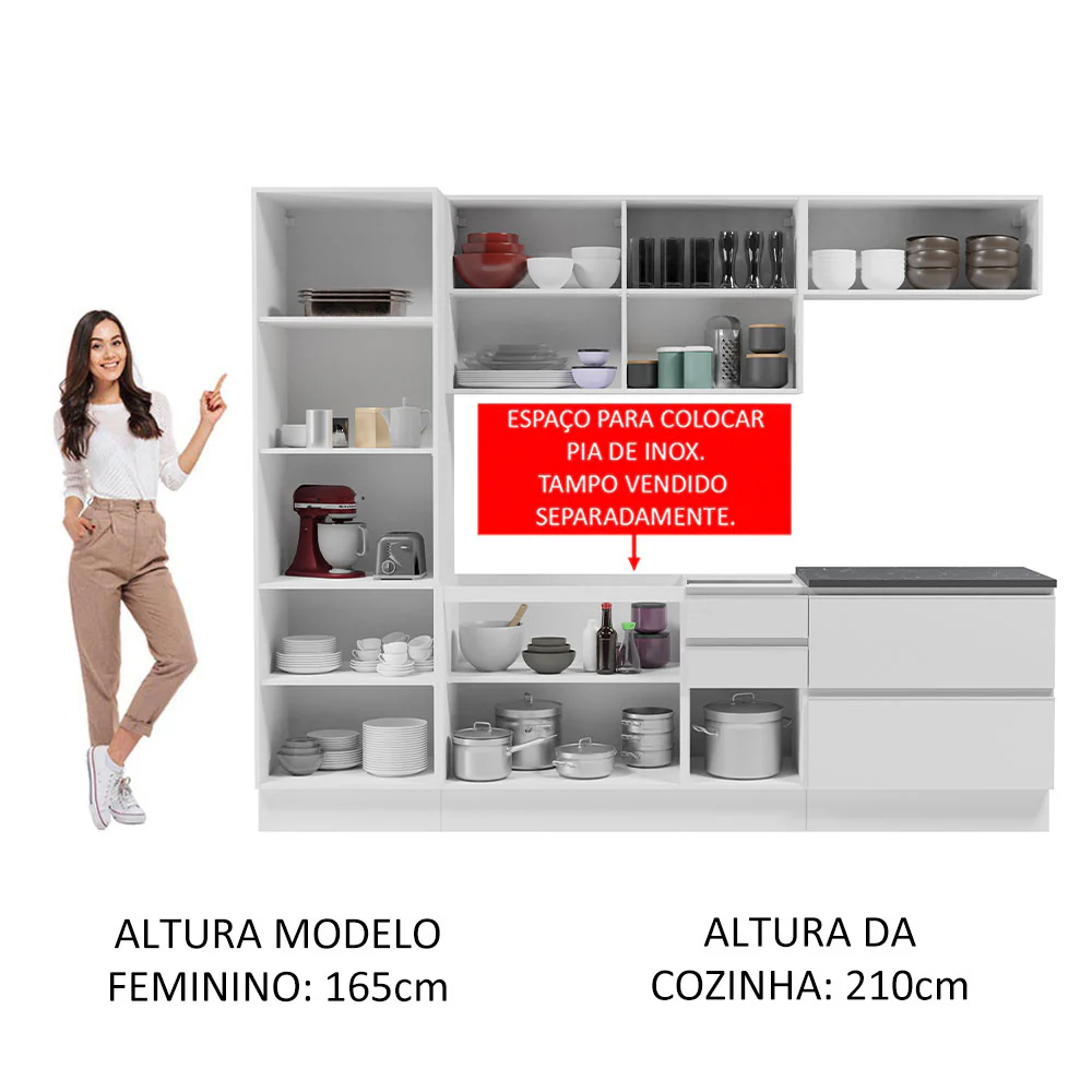 Armário de Cozinha Completa 100% MDF 260cm Frentes Branco Brilho Acordes Madesa 01 - Image 5