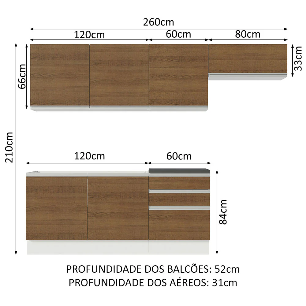 Armário de Cozinha Completa 100% MDF 260cm Branco/Rustic Acordes Madesa 03 - Image 3