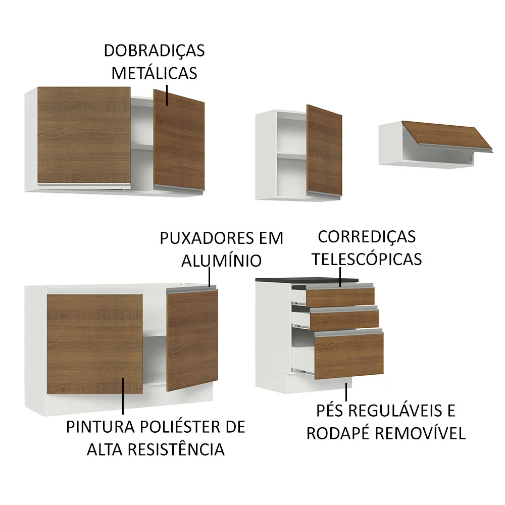 Armário de Cozinha Completa 100% MDF 260cm Branco/Rustic Acordes Madesa 03 - Image 4