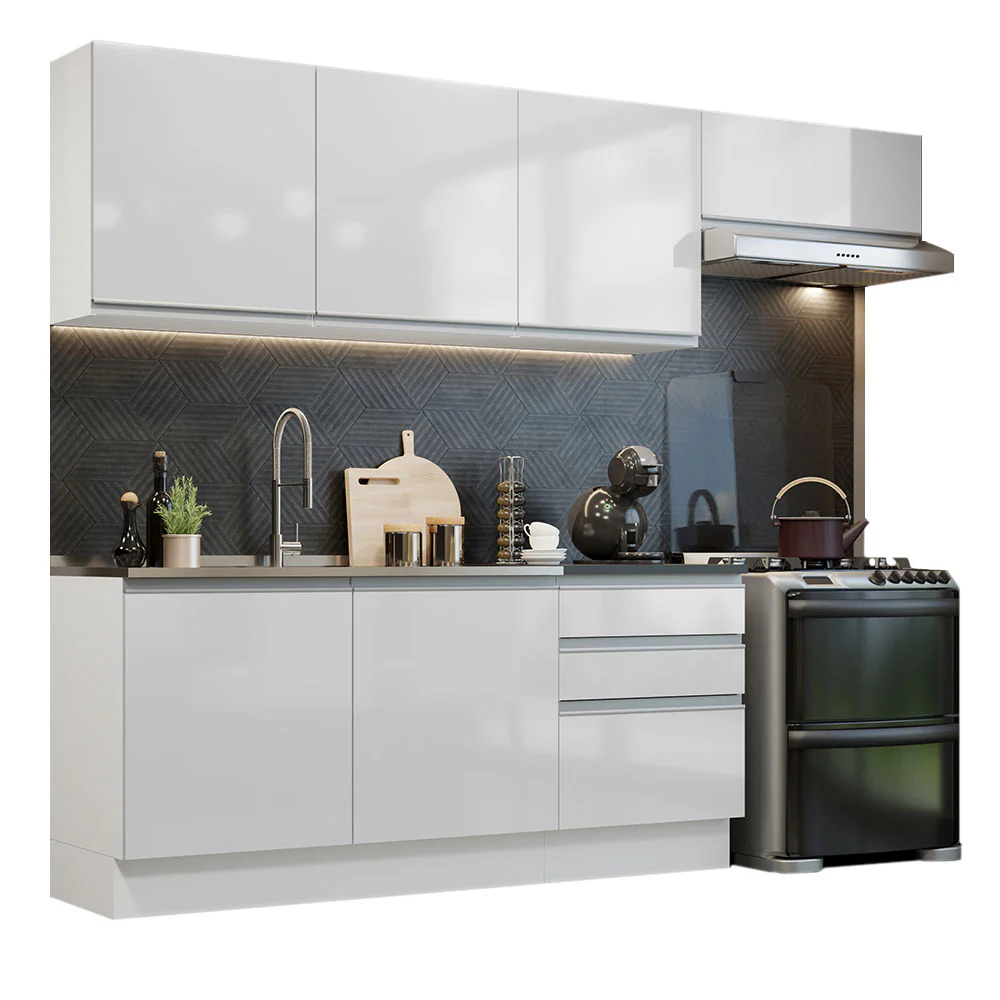 Armário de Cozinha Completa 100% MDF 260cm Frentes Branco Brilho Acordes Madesa 03 - Image 2