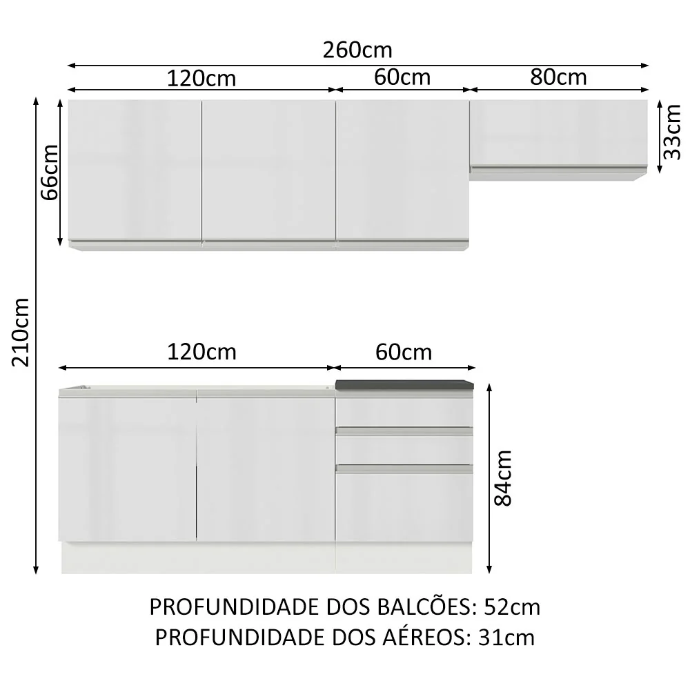 Armário de Cozinha Completa 100% MDF 260cm Frentes Branco Brilho Acordes Madesa 03 - Image 3