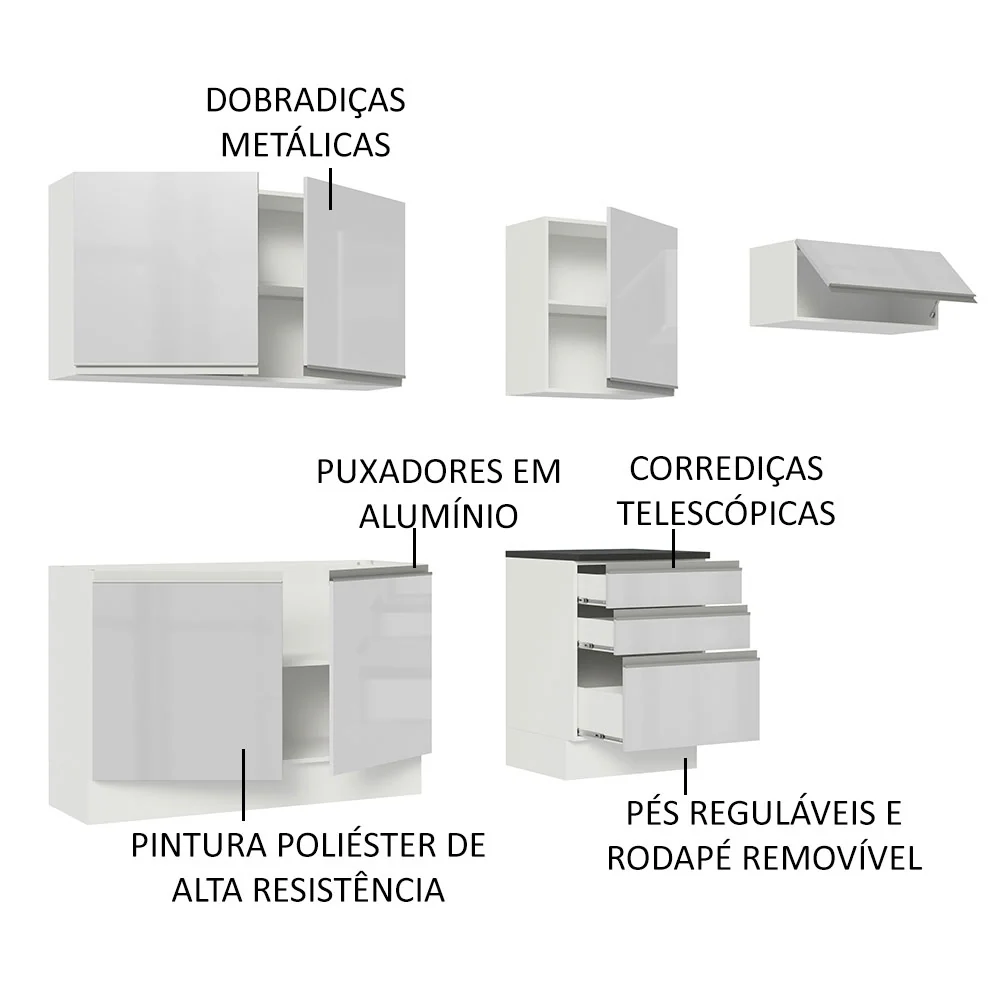 Armário de Cozinha Completa 100% MDF 260cm Frentes Branco Brilho Acordes Madesa 03 - Image 4