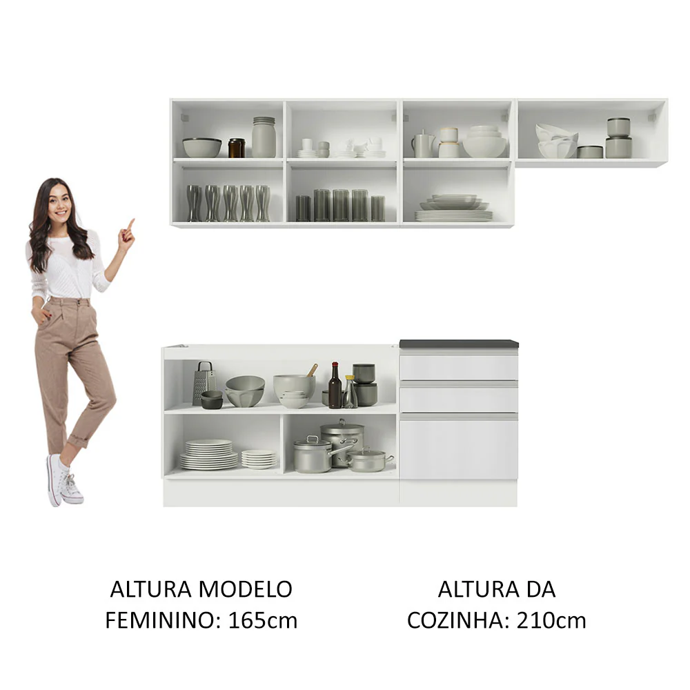 Armário de Cozinha Completa 100% MDF 260cm Frentes Branco Brilho Acordes Madesa 03 - Image 5