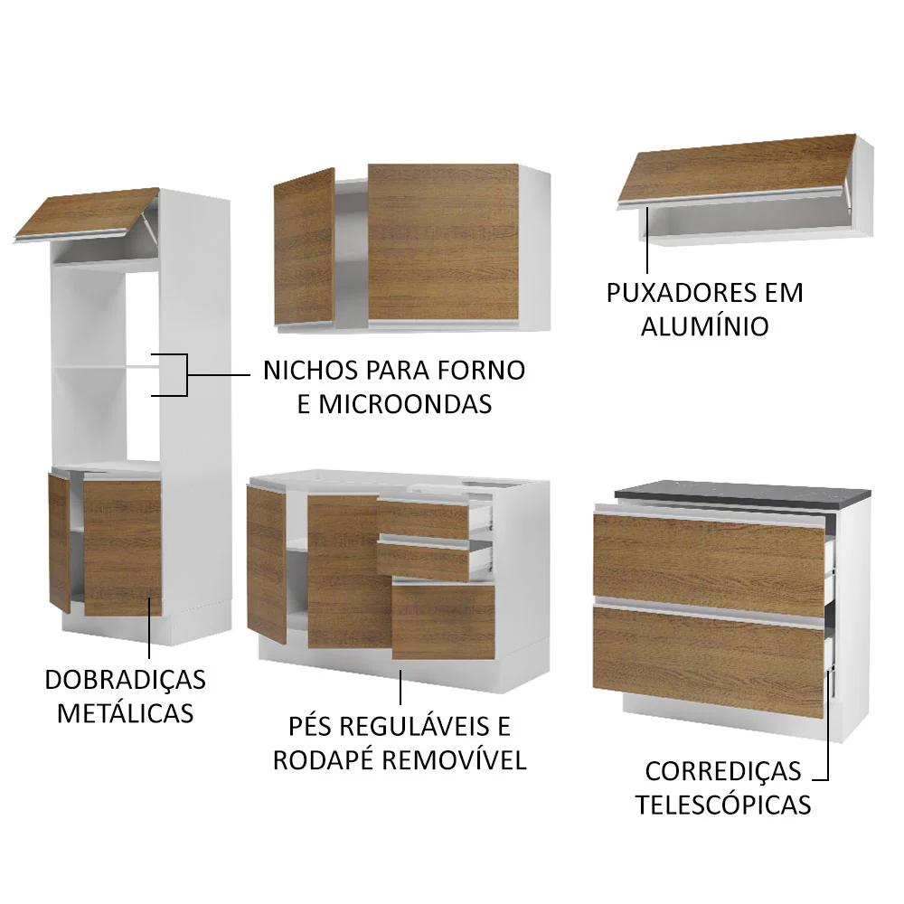 Armário de Cozinha Completa 100% MDF 270cm Branco/Rustic Acordes Madesa 06 - Image 3