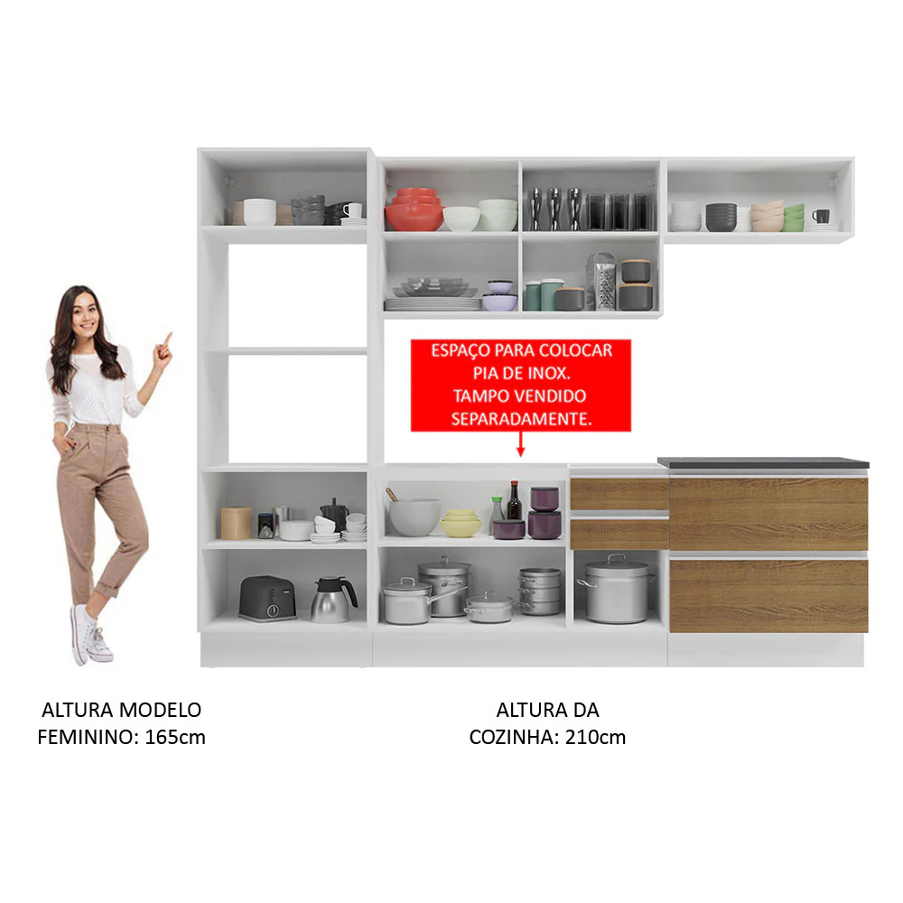 Armário de Cozinha Completa 100% MDF 270cm Branco/Rustic Acordes Madesa 06 - Image 4