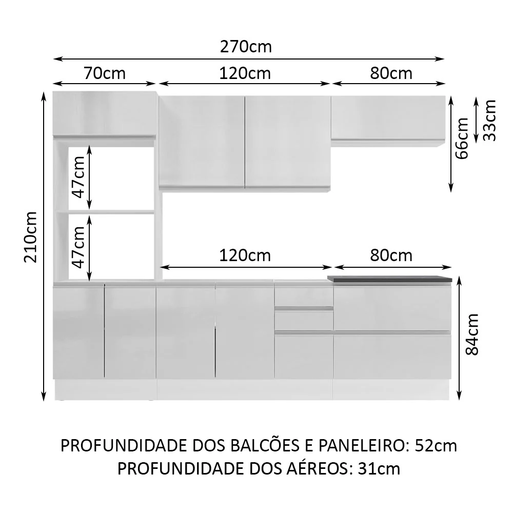 Armário de Cozinha Completa 100% MDF 270cm Frentes Branco Brilho Acordes Madesa 06 - Image 3