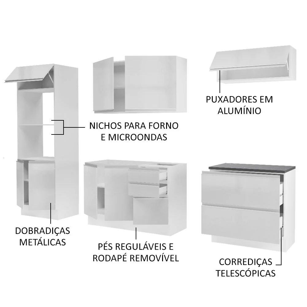 Armário de Cozinha Completa 100% MDF 270cm Frentes Branco Brilho Acordes Madesa 06 - Image 4