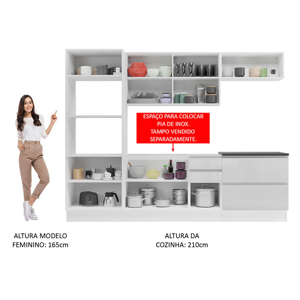 Armário de Cozinha Completa 100% MDF 270cm Frentes Branco Brilho Acordes Madesa 06 - Image 5