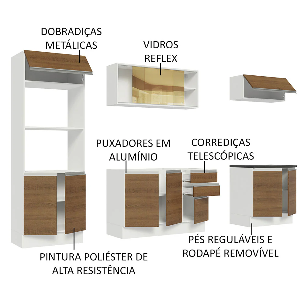 Armário de Cozinha Completa 100% MDF 270cm Branco/Rustic Acordes Madesa 07 - Image 4