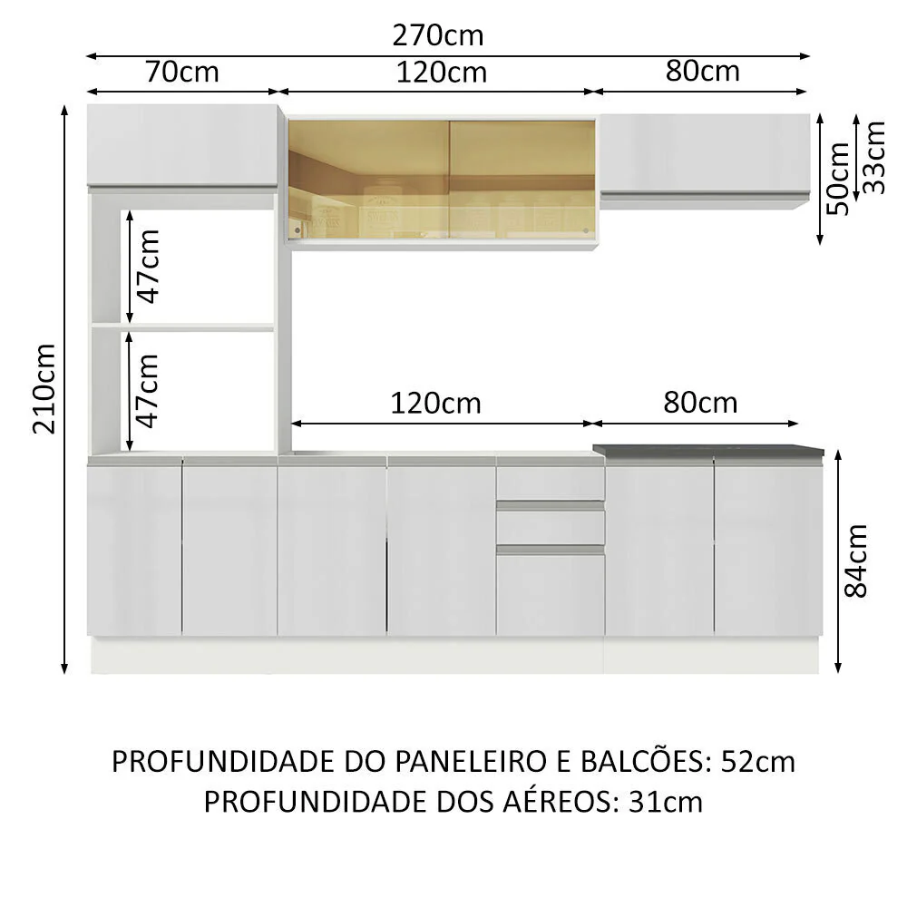 Armário de Cozinha Completa 100% MDF 270cm Frentes Branco Brilho Acordes Madesa 07 - Image 3