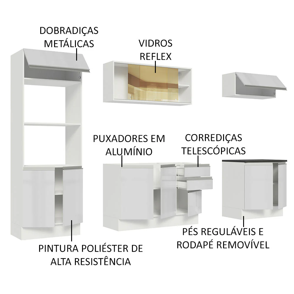 Armário de Cozinha Completa 100% MDF 270cm Frentes Branco Brilho Acordes Madesa 07 - Image 4