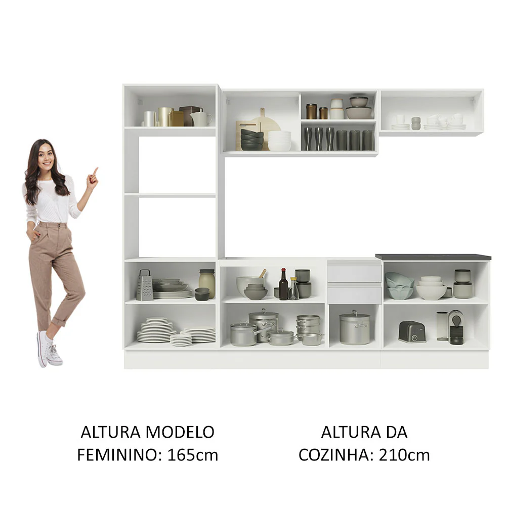 Armário de Cozinha Completa 100% MDF 270cm Frentes Branco Brilho Acordes Madesa 07 - Image 5