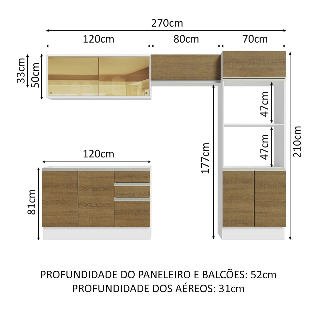 Armário de Cozinha Completa 100% MDF 270cm Branco/Rustic Acordes Madesa 08 - Image 3