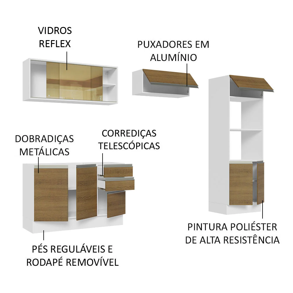 Armário de Cozinha Completa 100% MDF 270cm Branco/Rustic Acordes Madesa 08 - Image 4