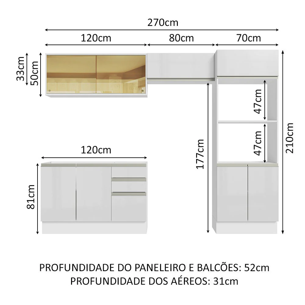 Armário de Cozinha Completa 100% MDF 270cm Frentes Branco Brilho Acordes Madesa 08 - Image 3