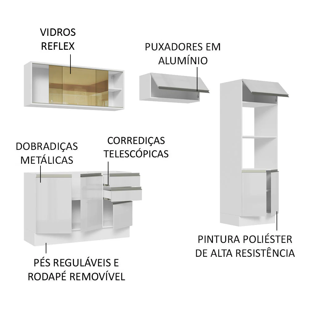 Armário de Cozinha Completa 100% MDF 270cm Frentes Branco Brilho Acordes Madesa 08 - Image 4