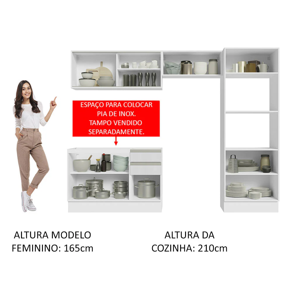 Armário de Cozinha Completa 100% MDF 270cm Frentes Branco Brilho Acordes Madesa 08 - Image 5