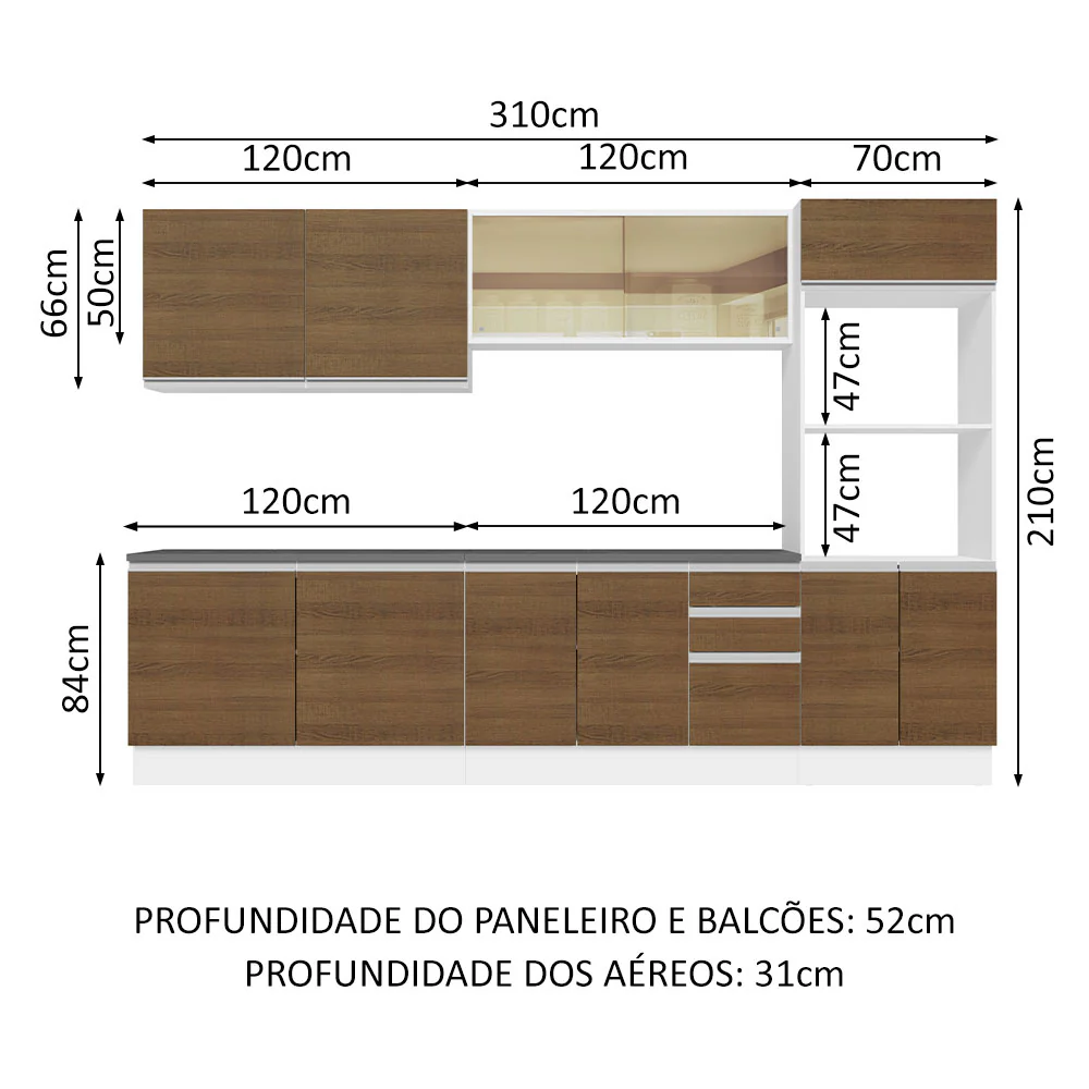 Armário de Cozinha Completa 100% MDF 310cm Branco/Rustic Acordes Madesa 01 - Image 3