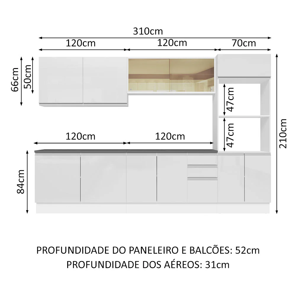 Armário de Cozinha Completa 100% MDF 310cm Frentes Branco Brilho Acordes Madesa 01 - Image 3
