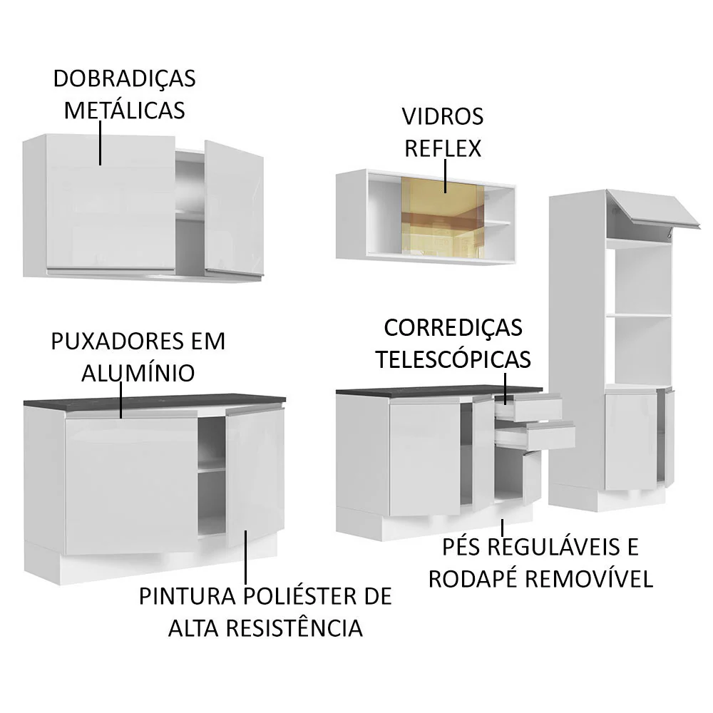 Armário de Cozinha Completa 100% MDF 310cm Frentes Branco Brilho Acordes Madesa 01 - Image 4