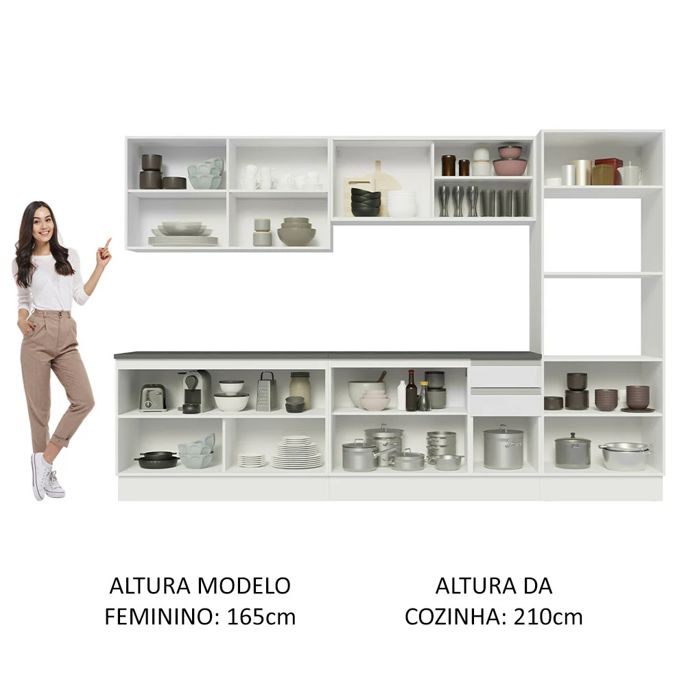 Armário de Cozinha Completa 100% MDF 310cm Frentes Branco Brilho Acordes Madesa 01 - Image 5