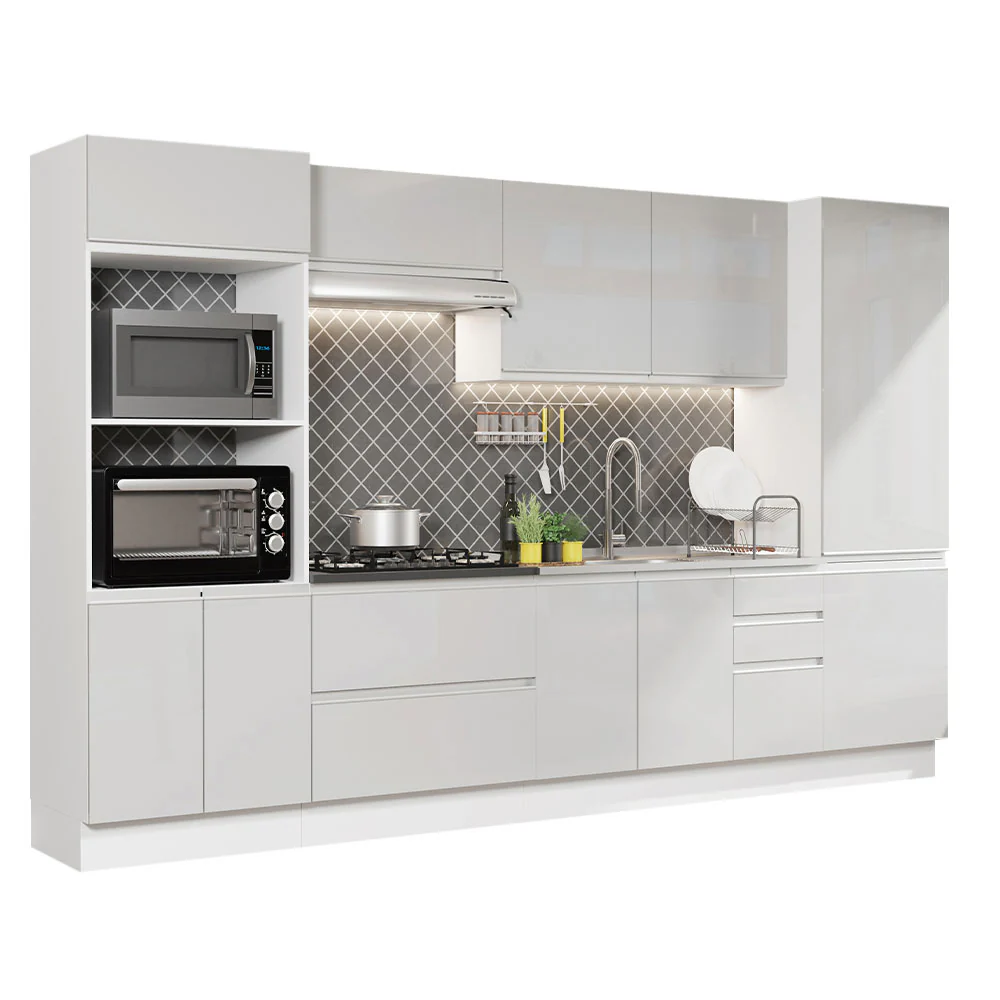 Armário de Cozinha Completa 100% MDF 330cm Frentes Branco Brilho Acordes Madesa 05 - Image 2