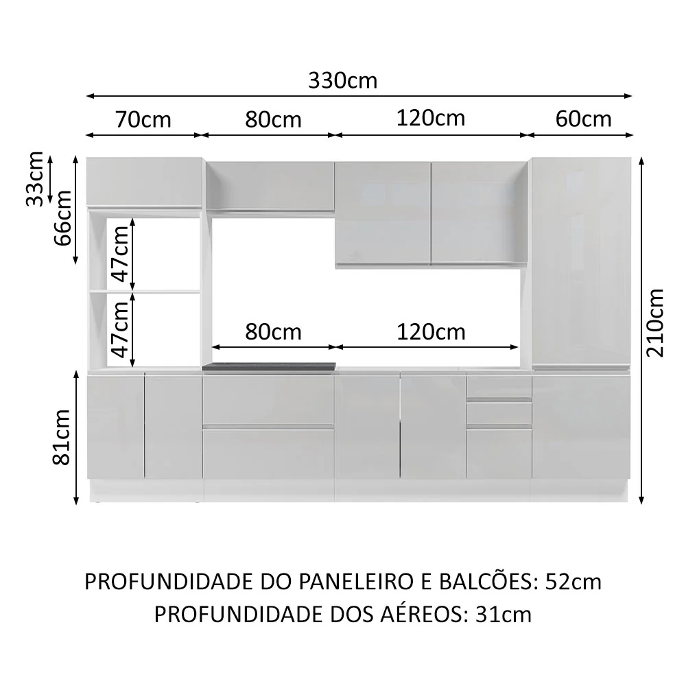 Armário de Cozinha Completa 100% MDF 330cm Frentes Branco Brilho Acordes Madesa 05 - Image 3