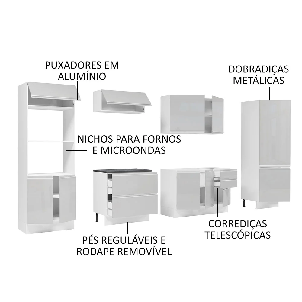 Armário de Cozinha Completa 100% MDF 330cm Frentes Branco Brilho Acordes Madesa 05 - Image 4