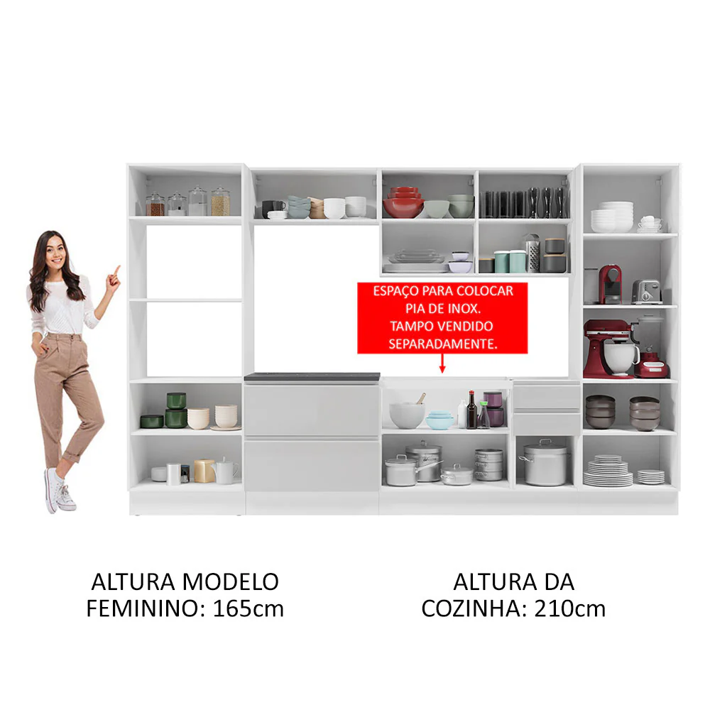 Armário de Cozinha Completa 100% MDF 330cm Frentes Branco Brilho Acordes Madesa 05 - Image 5