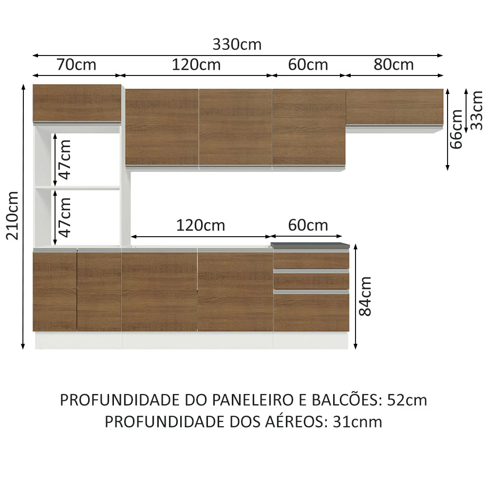 Armário de Cozinha Completa 100% MDF 330cm Branco/Rustic Acordes Madesa 06 - Image 3