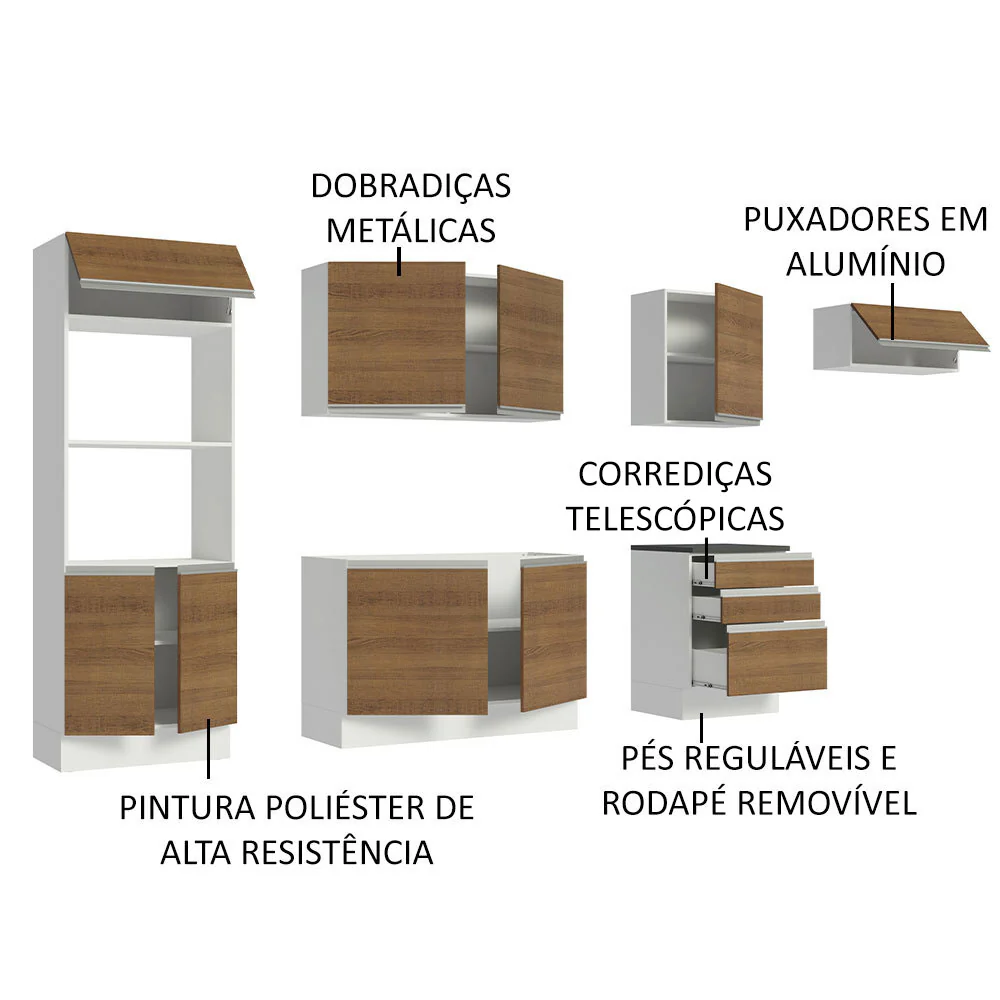 Armário de Cozinha Completa 100% MDF 330cm Branco/Rustic Acordes Madesa 06 - Image 4