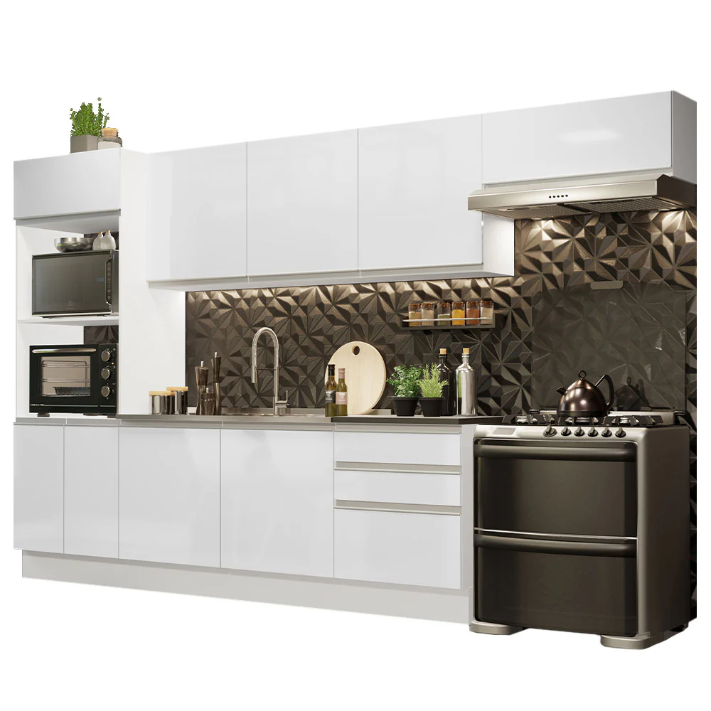 Armário de Cozinha Completa 100% MDF 330cm Frentes Branco Brilho Acordes Madesa 06 - Image 2
