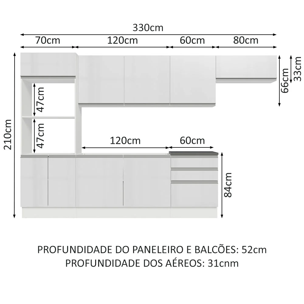 Armário de Cozinha Completa 100% MDF 330cm Frentes Branco Brilho Acordes Madesa 06 - Image 3