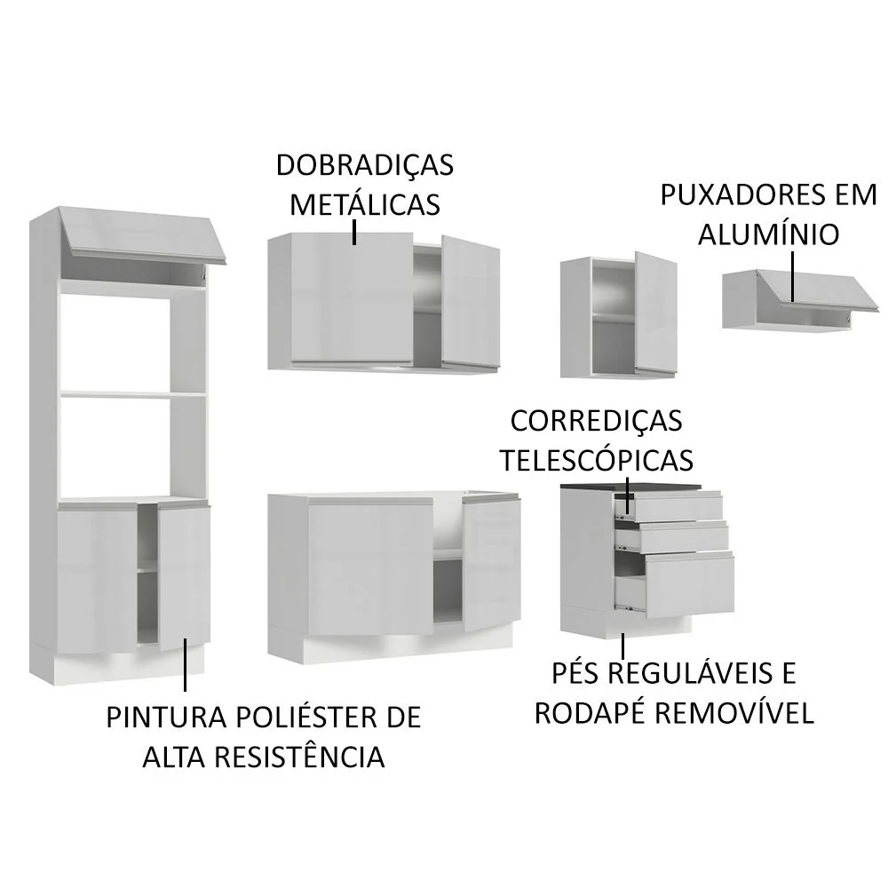 Armário de Cozinha Completa 100% MDF 330cm Frentes Branco Brilho Acordes Madesa 06 - Image 4